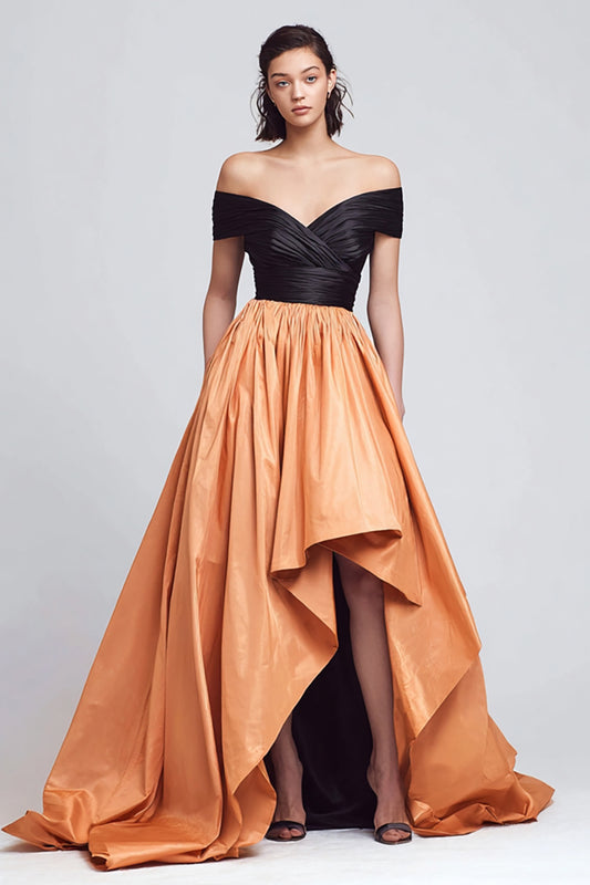 Black and Orange Off the Shoulder A-Line High Low Formal Dress