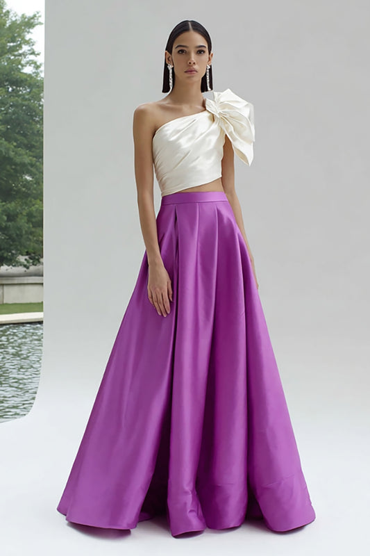White and Purple One Shoulder Satin A-Line Long Formal Dress