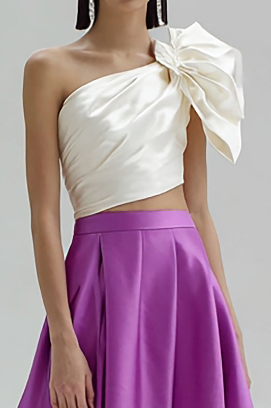 White and Purple One Shoulder Satin A-Line Long Formal Dress