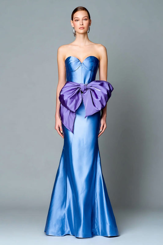 Blue and Tahiti Strapless Satin Mermaid Long Formal Dress with Bow