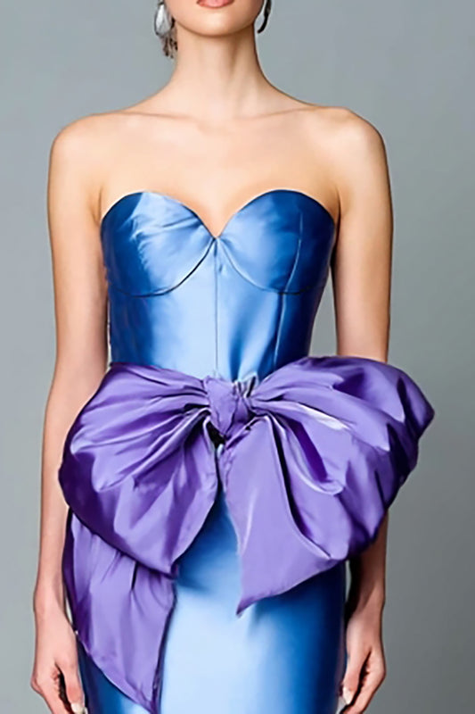 Blue and Tahiti Strapless Satin Mermaid Long Formal Dress with Bow