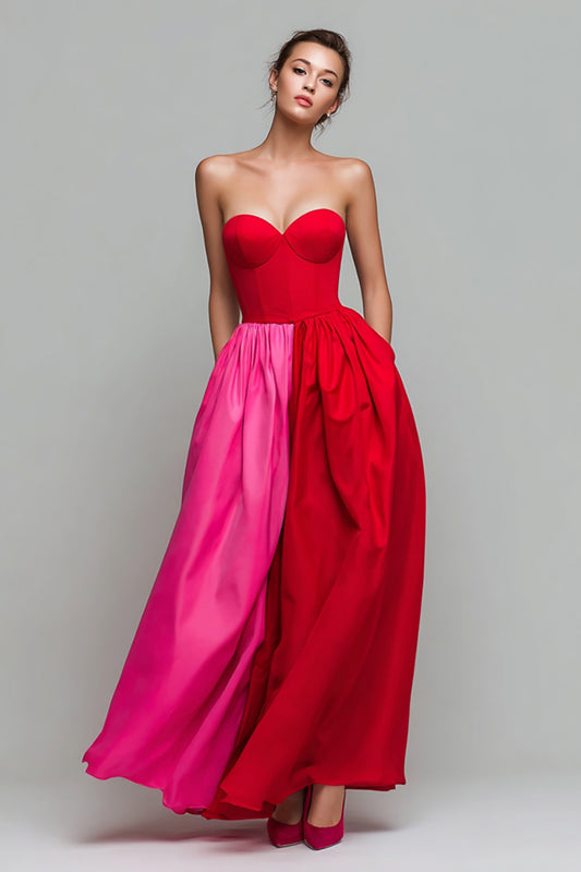 Red and Fuchsia Strapless A Line Long Patchwork Formal Dress