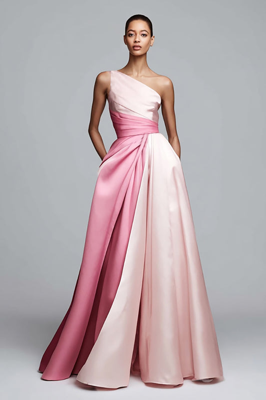 Pink Satin One Shoulder A Line Long Formal Dress