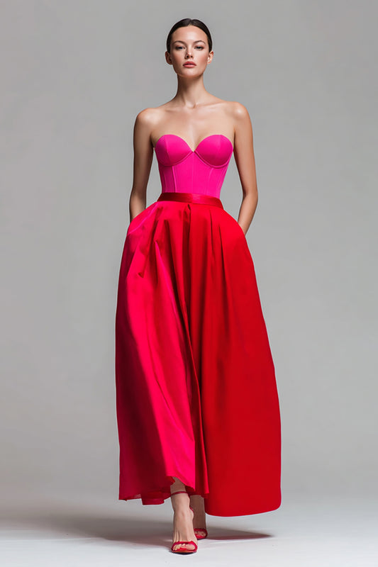 Red and Fuchsia Satin A Line Strapless Long Formal Dress
