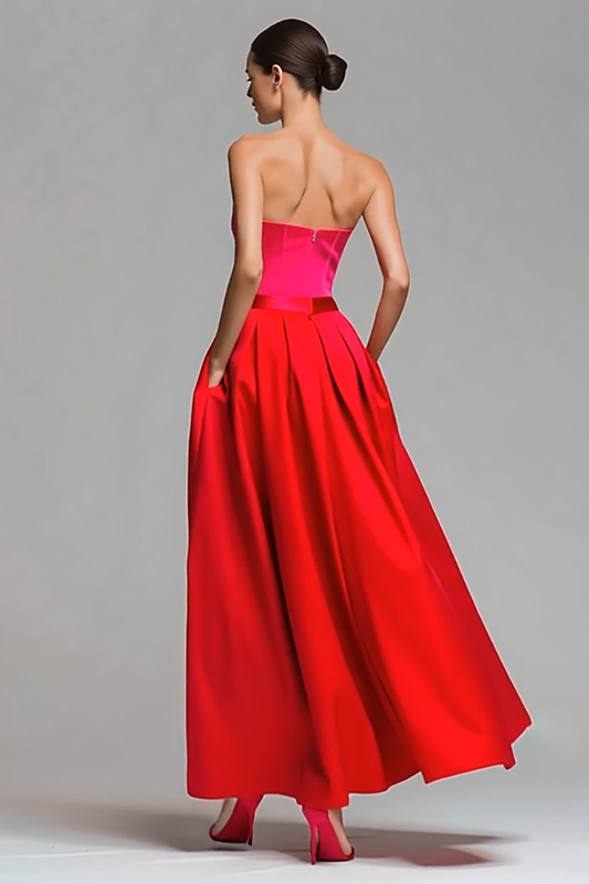 Red and Fuchsia Satin A Line Strapless Long Formal Dress