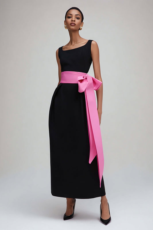 Black and Pink Scoop Sheath Long Formal Dress with Sash