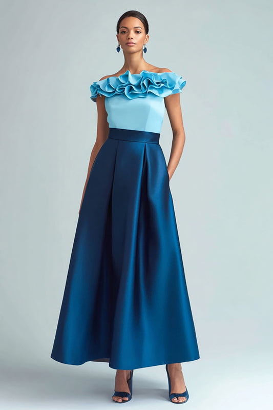 Sky Blue and Dark Blue Ruffled A Line Satin Long Formal Dress