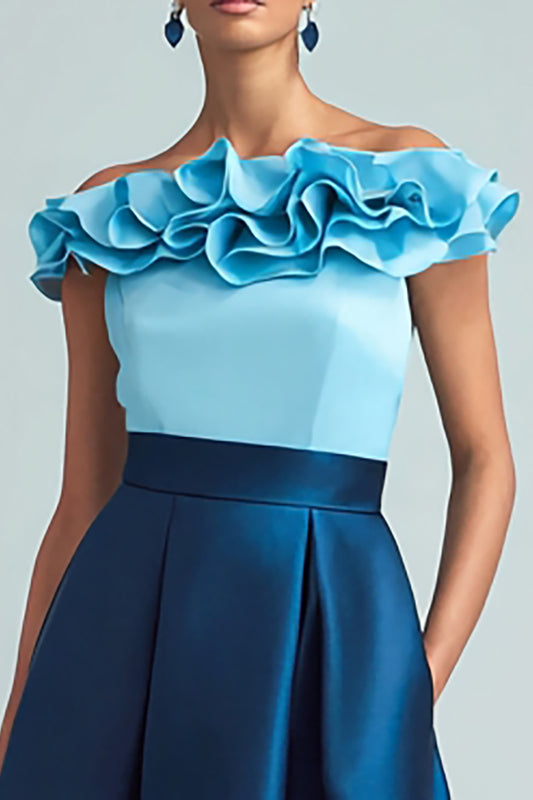 Sky Blue and Dark Blue Ruffled A Line Satin Long Formal Dress