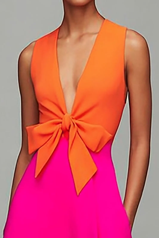 Orange and Fuchsia Deep V-Neck Long Formal Dress with Bow