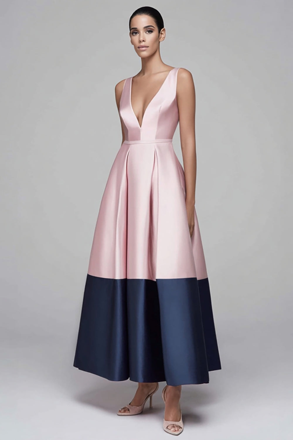 Zapakasa Women Pink and Navy Satin Long Formal Dress A Line Patchwork