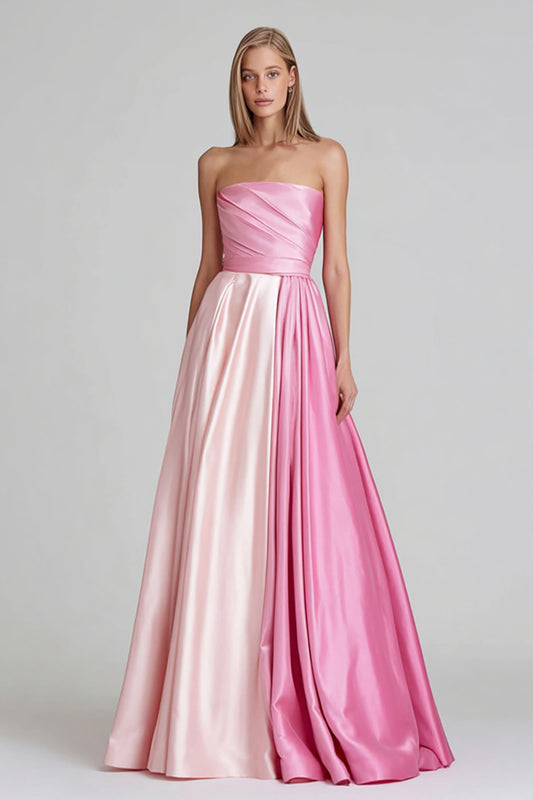 Pink Satin Strapless Patchwork A Line Long Formal Dress
