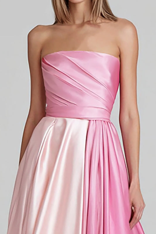 Pink Satin Strapless Patchwork A Line Long Formal Dress