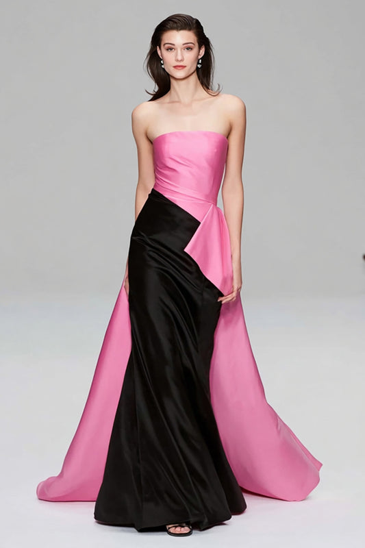 Black and Pink Mermaid Strapless Long Formal Dress with Cape