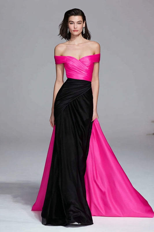 Black and Fuchsia Satin Off the Shoulder Long Formal Dress with Cape