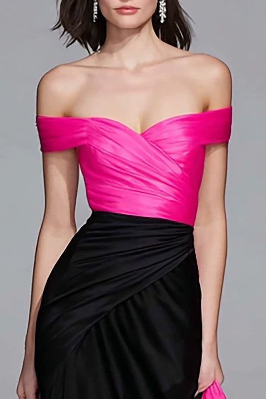 Black and Fuchsia Satin Off the Shoulder Long Formal Dress with Cape
