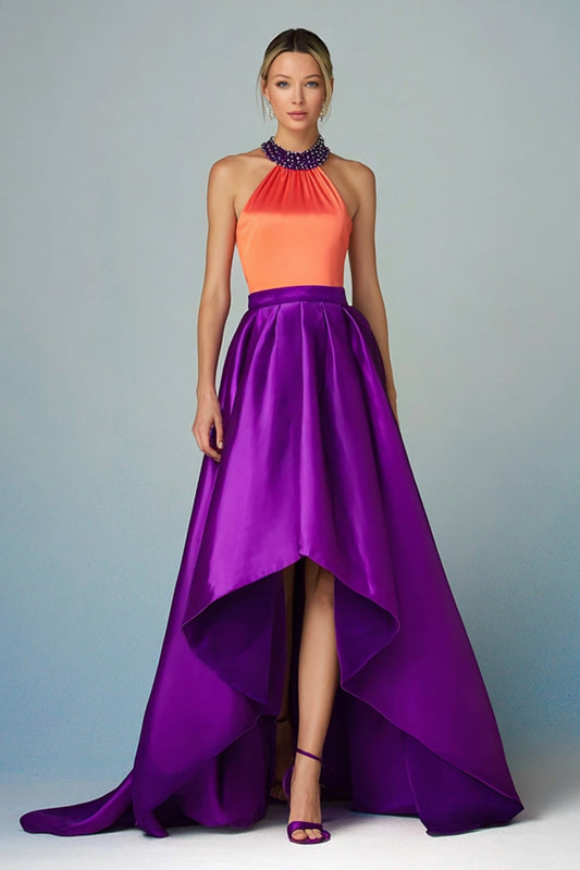 Sparkly Orange and Purple A Line Satin High-Low Formal Dress