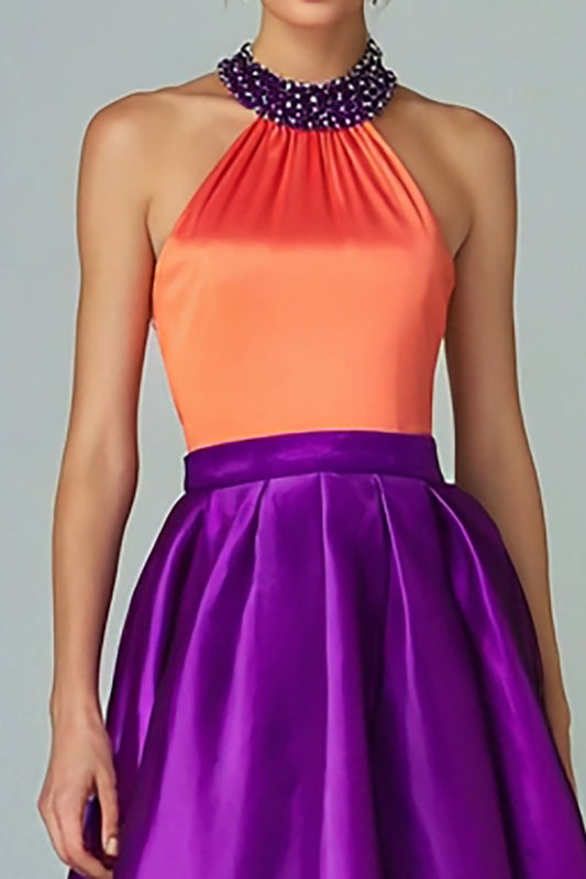 Sparkly Orange and Purple A Line Satin High-Low Formal Dress