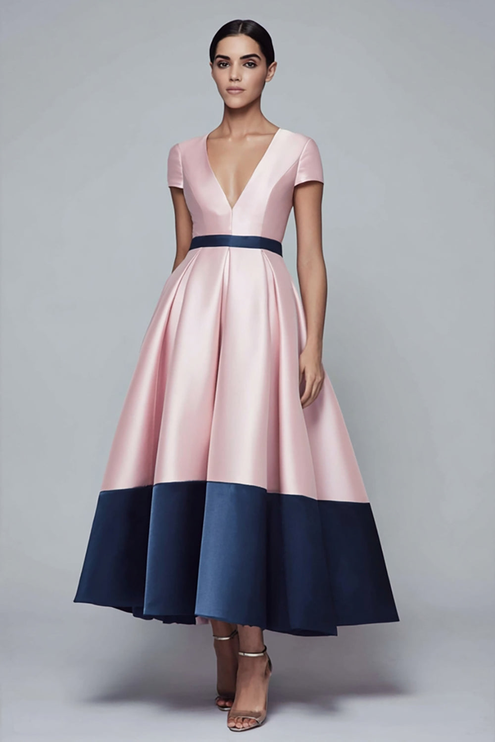 Zapakasa Women Pink and Navy Satin Long Formal Dress with Sleeves A