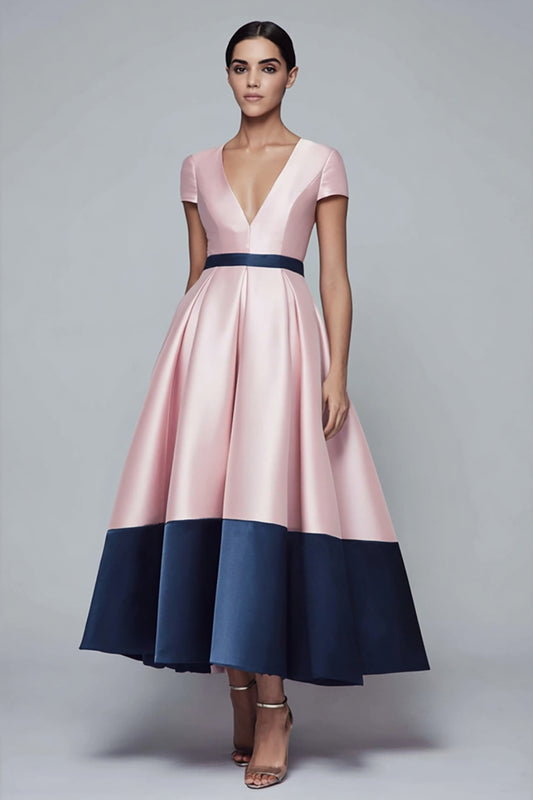 Pink and Navy A Line Satin V-Neck Long Formal Dress with Sleeves