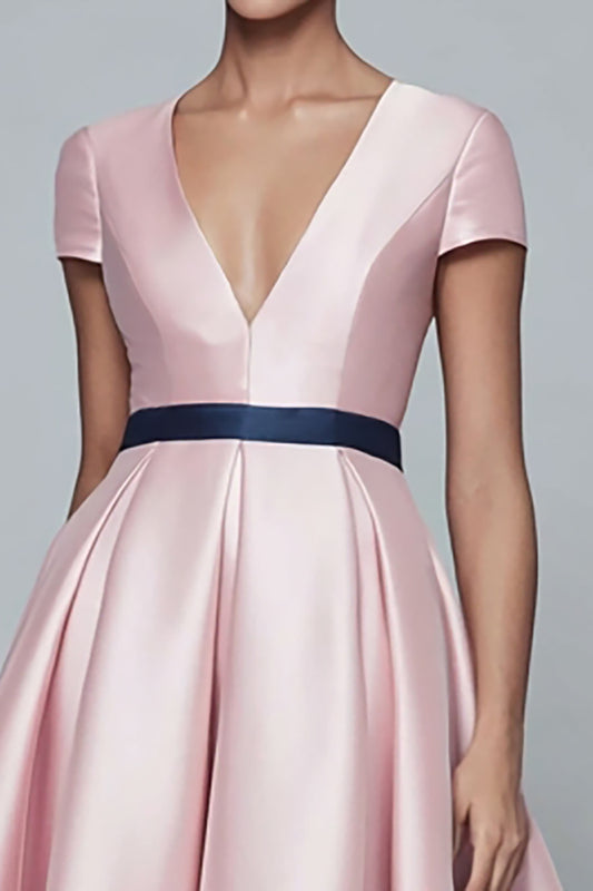 Pink and Navy A Line Satin V-Neck Long Formal Dress with Sleeves
