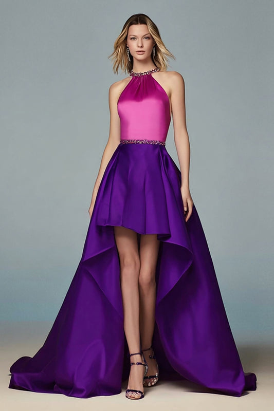 Sparkly Fuchsia and Purple Satin A Line High-Low Formal Dress