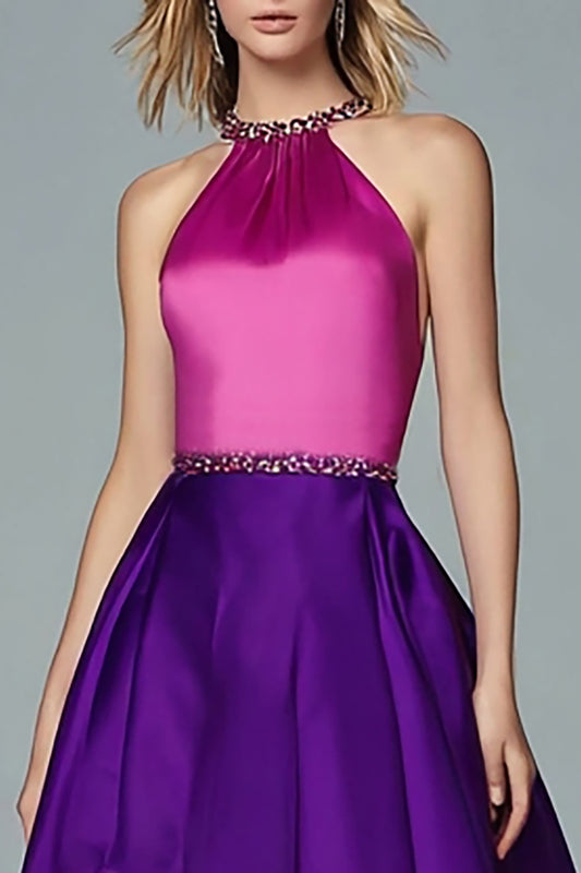 Sparkly Fuchsia and Purple Satin A Line High-Low Formal Dress