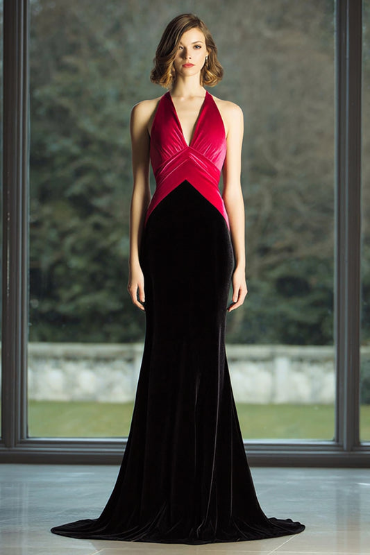 Black and Fuchsia V-Neck Long Mermaid Formal Dress