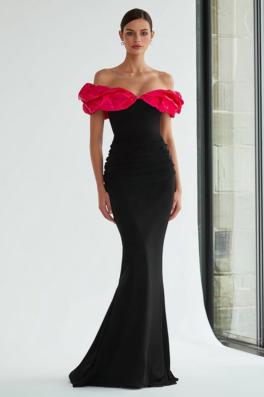 Black and Fuchsia Mermaid Off the Shoulder Long Formal Dress