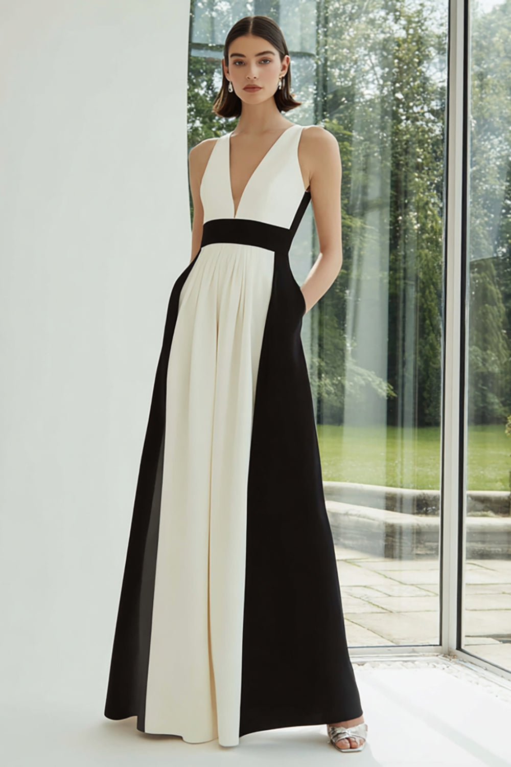 Zapakasa Women Black and White Long Formal Dress with Pockets V-Neck A