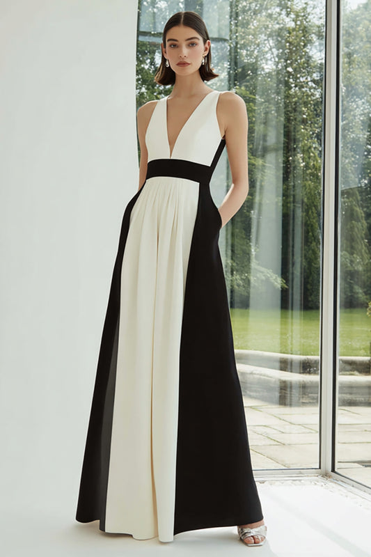 Black and White V-Neck Patchwork Long Formal Dress with Pockets