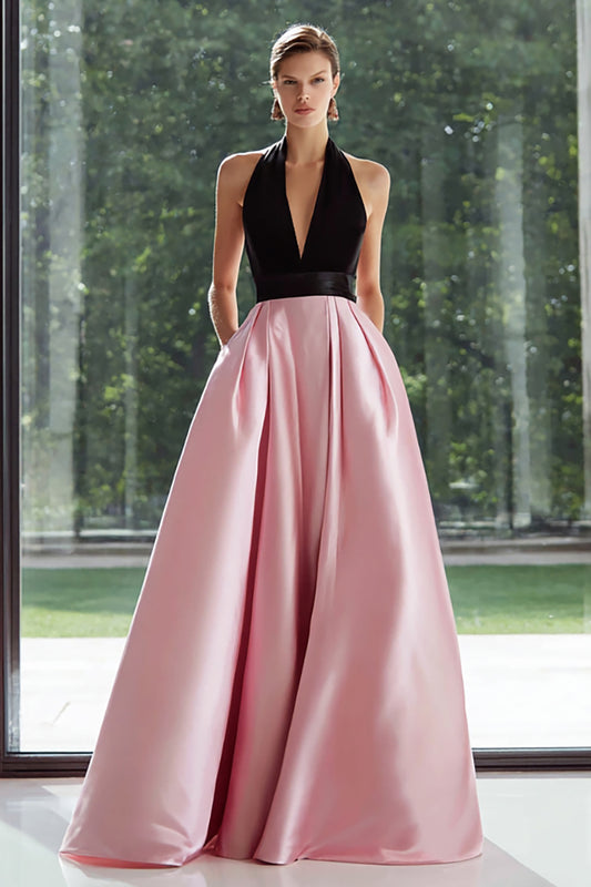 Black and Pink Satin A Line Long Formal Dress with Pockets