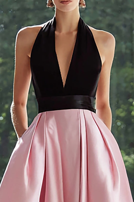 Black and Pink Satin A Line Long Formal Dress with Pockets