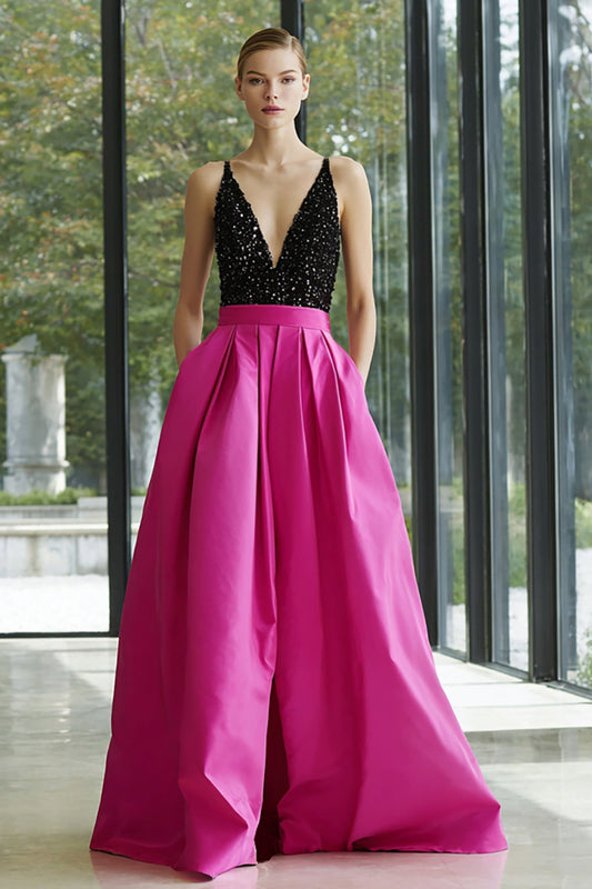 Sparkly Black and Fuchsia Satin A Line Long Formal Dress with Pockets