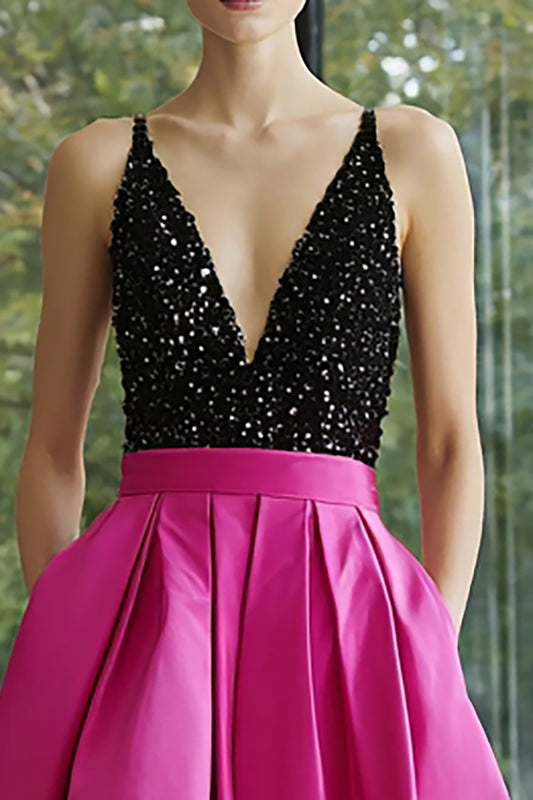Sparkly Black and Fuchsia Satin A Line Long Formal Dress with Pockets