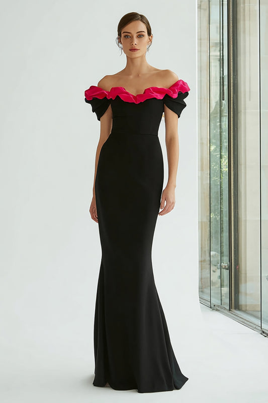 Black and Fuchsia Off the Shoulder Mermaid Long Formal Dress with Ruffles