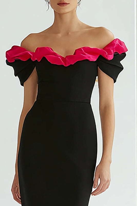 Black and Fuchsia Off the Shoulder Mermaid Long Formal Dress with Ruffles