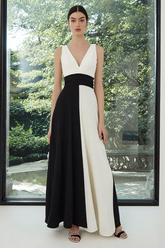Black and White V-Neck Patchwork Long A Line Formal Dress
