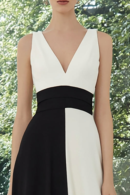 Black and White V-Neck Patchwork Long A Line Formal Dress