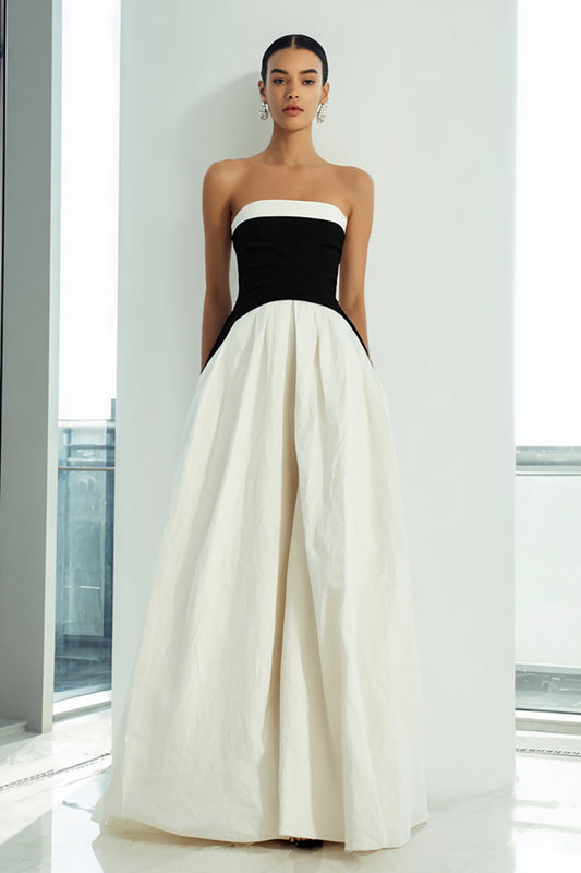 Simple Black and White Strapless Long A Line Formal Dress