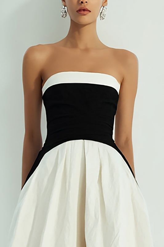 Simple Black and White Strapless Long A Line Formal Dress