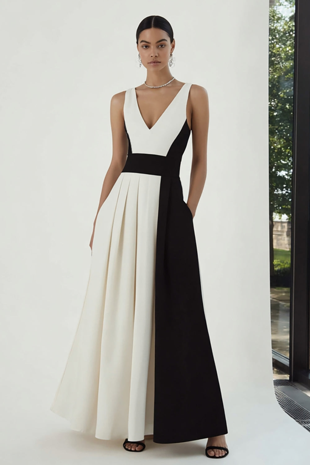 Zapakasa Women Black and White Long Formal Dress with Pockets A Line V