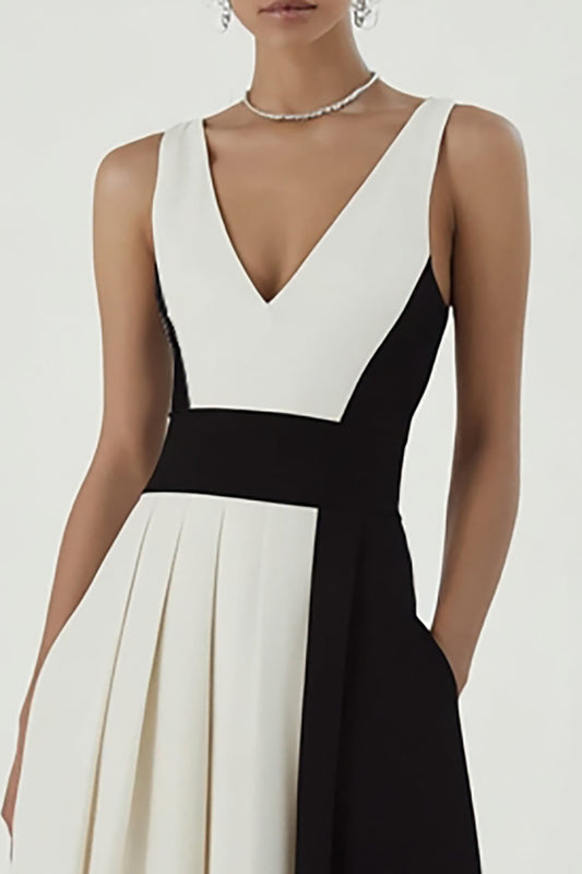 Black and White A Line Patchwork Long Formal Dress with Pockets