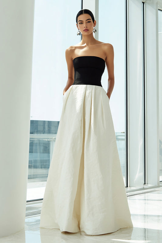 Simple Black and White A Line Long Strapless Formal Dress with Pockets