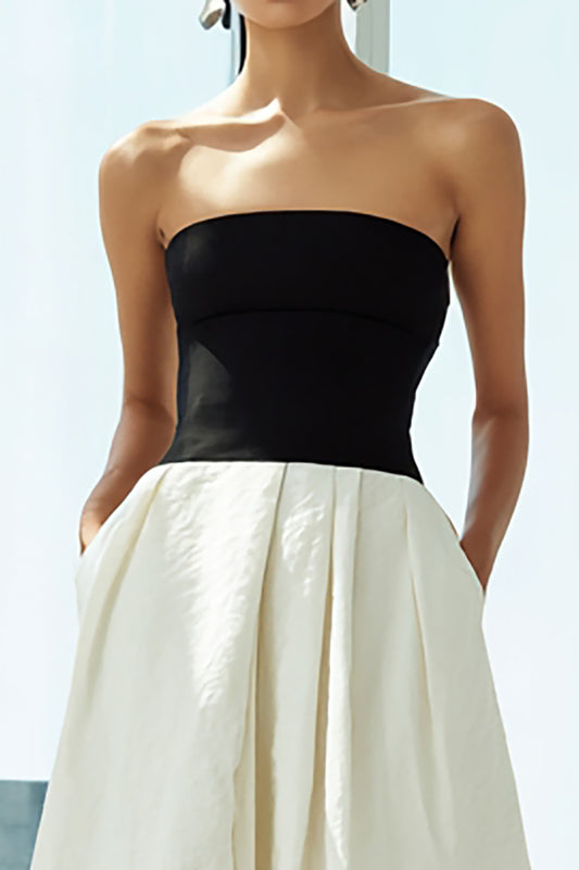 Simple Black and White A Line Long Strapless Formal Dress with Pockets