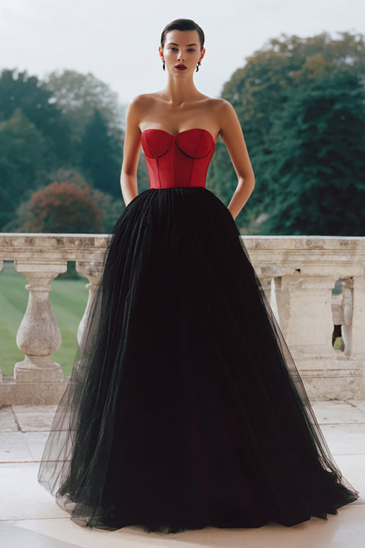 Black and Red Strapless Corset Tulle A Line Long Formal Dress
