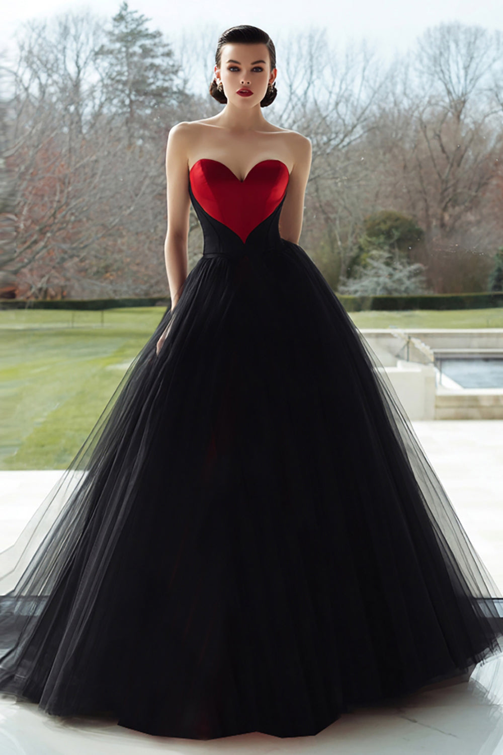 Zapakasa Women Black and Red Tulle Long Formal Dress Sweetheart A Line