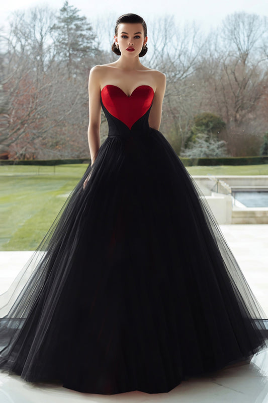 Black and Red Sweetheart Tulle A Line Long Formal Dress