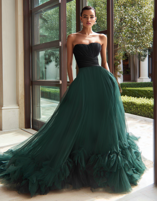 Black and Green Tulle A Line Strapless Long Formal Dress