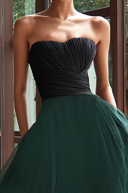 Black and Green Tulle A Line Strapless Long Formal Dress