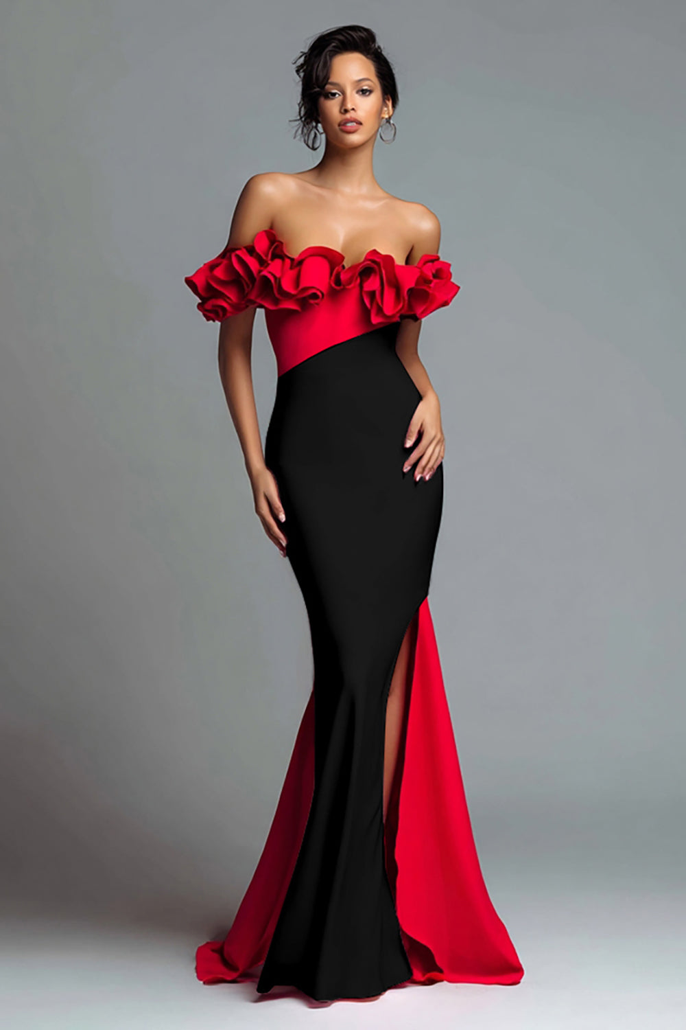 fitted lace wedding dress One Shoulder Red /Black Mermaid Long Prom Dresses with High Slit, Red fitted lace wedding dress One Shoulder Red /Black Mermaid Long Prom Dresses with High Slit, Red
